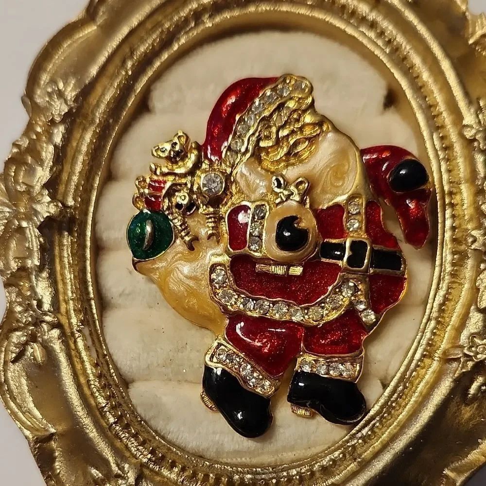 Vintage Enamel Jolly Santa Claus Brooch with Gold Accents
